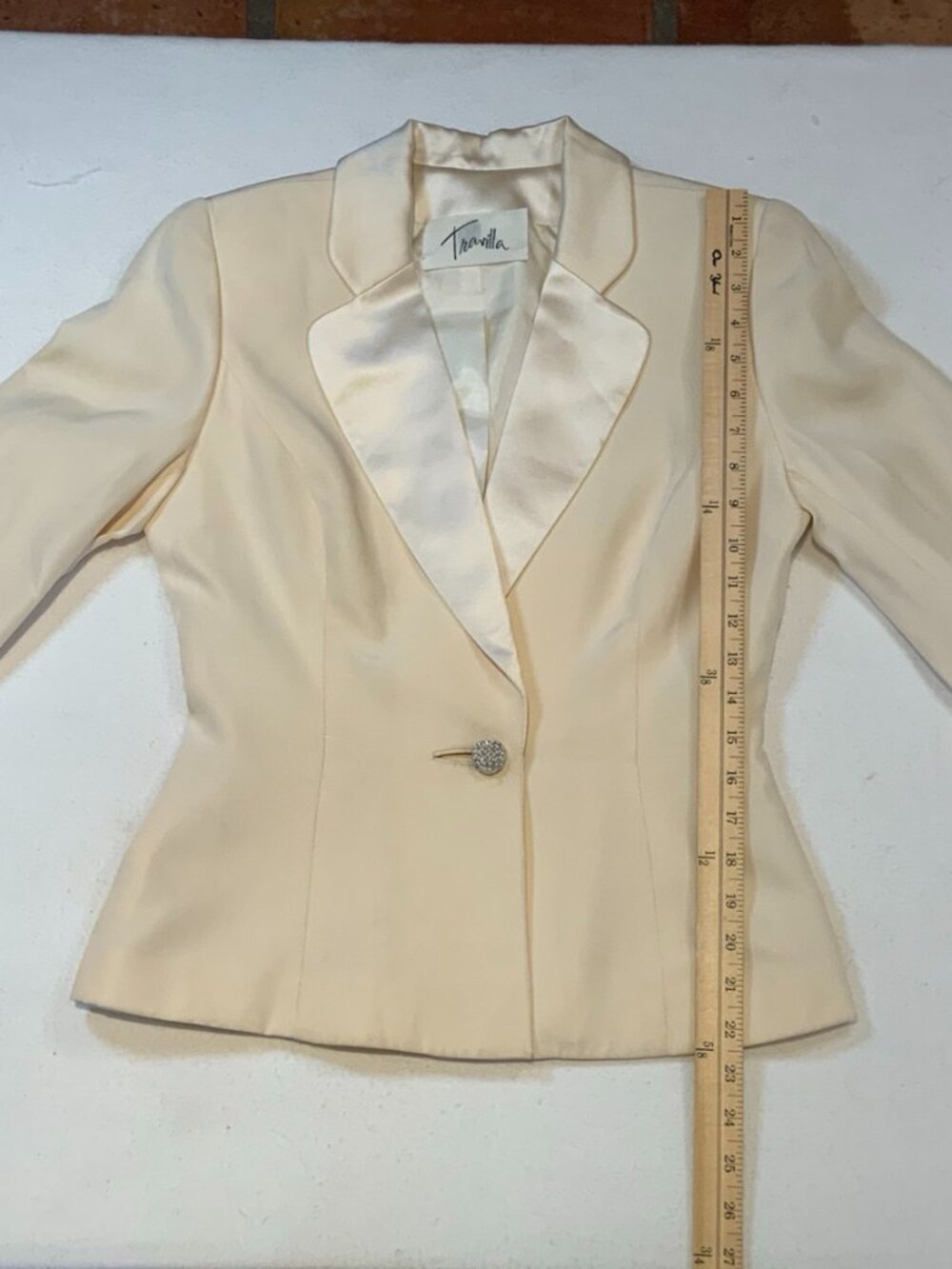Vintage Travilla Cream Satin Blazer Rhinestone Button Tailored Jacket